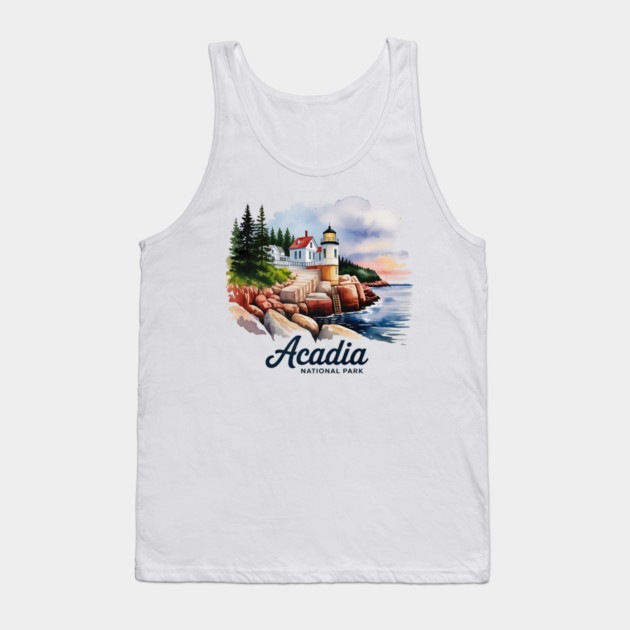 Acadia National Park Bass Harbor Lighthouse Watercolor Souvenir Design Tank Top by Pixel Threads 