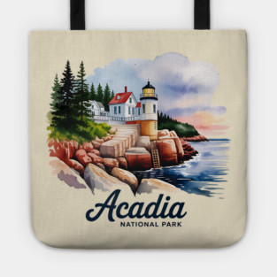 Acadia National Park Bass Harbor Lighthouse Watercolor Souvenir Design Tote