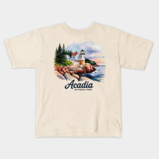 Acadia National Park Bass Harbor Lighthouse Watercolor Souvenir Design Kids T-Shirt