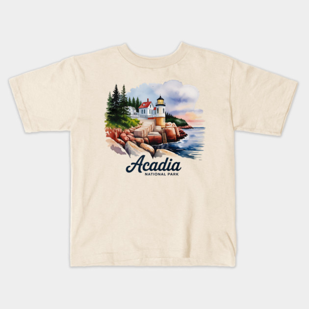 Acadia National Park Bass Harbor Lighthouse Watercolor Souvenir Design Kids T-Shirt by Pixel Threads 