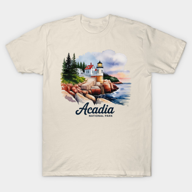 Acadia National Park Bass Harbor Lighthouse Watercolor Souvenir Design T-Shirt by Pixel Threads 
