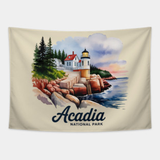 Acadia National Park Bass Harbor Lighthouse Watercolor Souvenir Design Tapestry