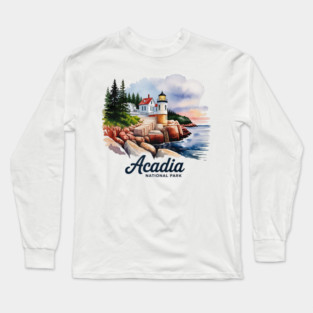 Acadia National Park Bass Harbor Lighthouse Watercolor Souvenir Design Long Sleeve T-Shirt
