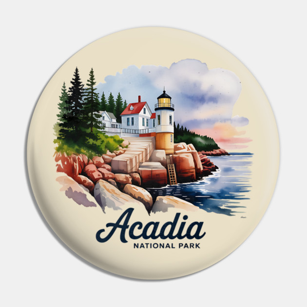 Acadia National Park Bass Harbor Lighthouse Watercolor Souvenir Design Pin by Pixel Threads 