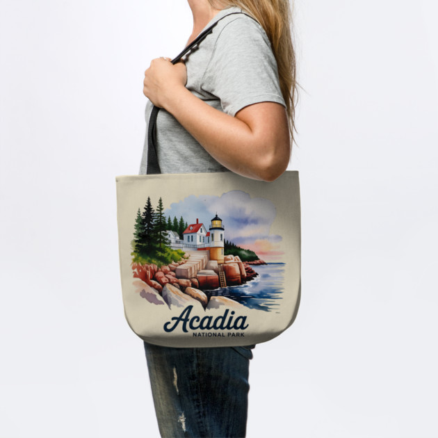 Acadia National Park Bass Harbor Lighthouse Watercolor Souvenir Design by Pixel Threads 