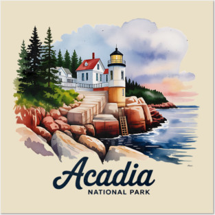 Acadia National Park Bass Harbor Lighthouse Watercolor Souvenir Design Posters and Art