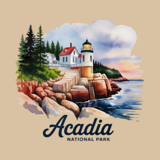 Acadia National Park Bass Harbor Lighthouse Watercolor Souvenir Design T-Shirt