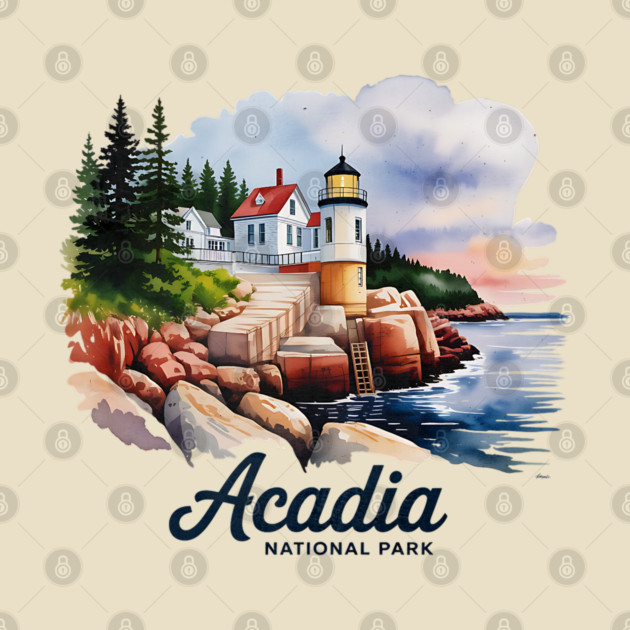 Acadia National Park Bass Harbor Lighthouse Watercolor Souvenir Design by Pixel Threads 