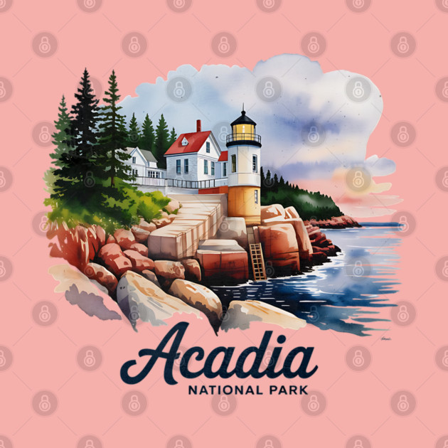 Acadia National Park Bass Harbor Lighthouse Watercolor Souvenir Design by Pixel Threads 