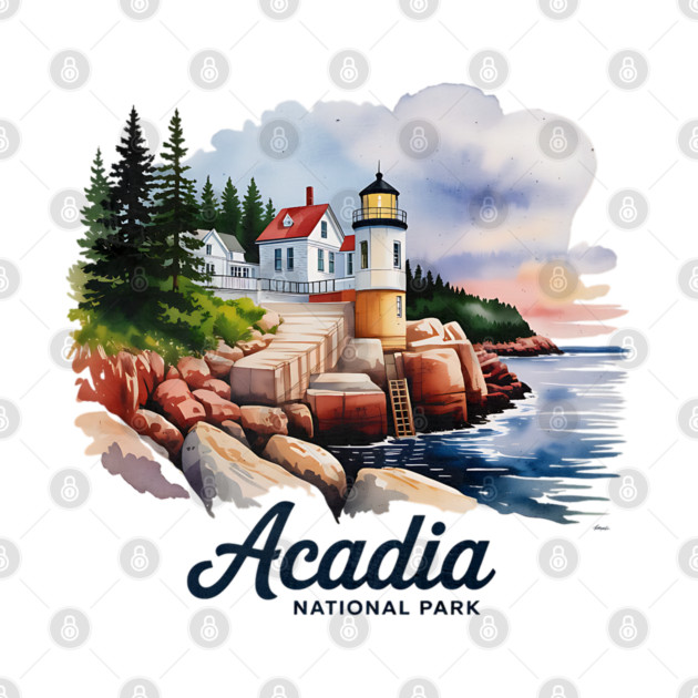 Acadia National Park Bass Harbor Lighthouse Watercolor Souvenir Design by Pixel Threads 