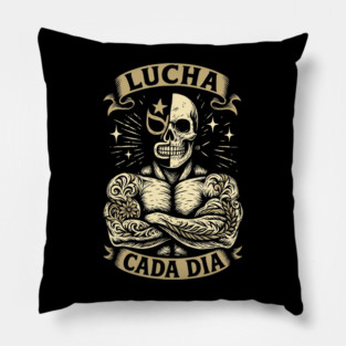 Lucha Cada Día – Half Mask Half Skull Luchador Warrior T-Shirt Pillow