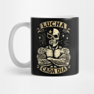 Lucha Cada Día – Half Mask Half Skull Luchador Warrior T-Shirt Mug