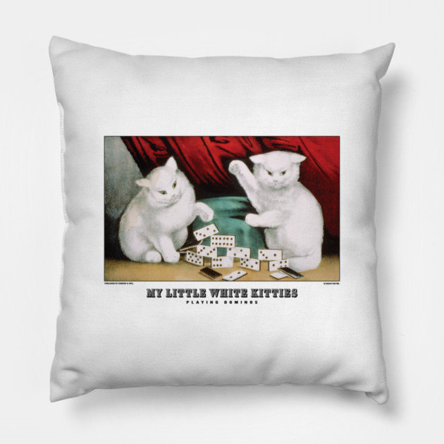 Vintage Cat Art - Currier and Ives - My Little White Kitties Playing Dominos Pillow by Yesteeyear