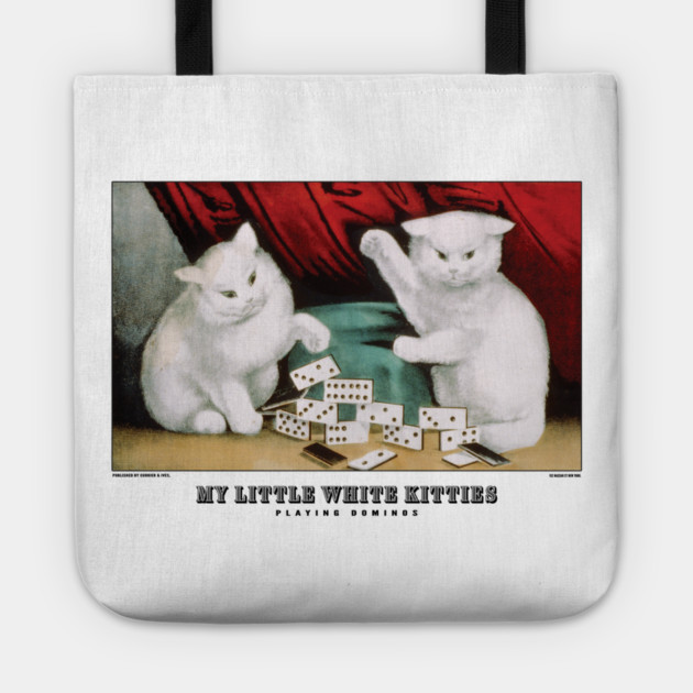 Vintage Cat Art - Currier and Ives - My Little White Kitties Playing Dominos Tote by Yesteeyear