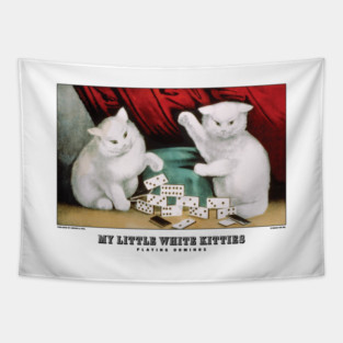 Vintage Cat Art - Currier and Ives - My Little White Kitties Playing Dominos Tapestry