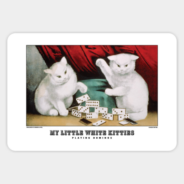 Vintage Cat Art - Currier and Ives - My Little White Kitties Playing Dominos Magnet by Yesteeyear