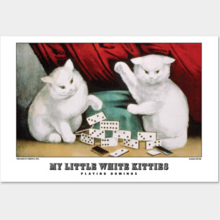 Vintage Cat Art - Currier and Ives - My Little White Kitties Playing Dominos Posters and Art