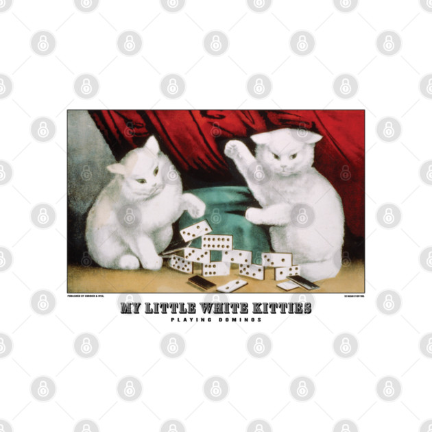 Vintage Cat Art - Currier and Ives - My Little White Kitties Playing Dominos by Yesteeyear