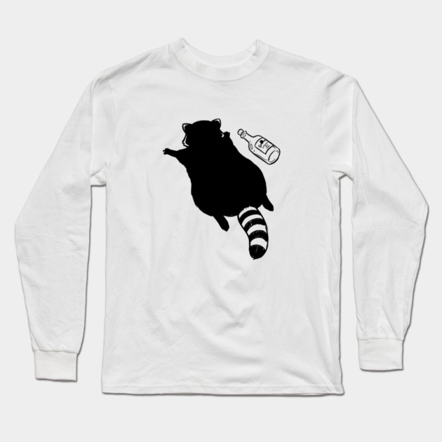 Funny passed out trashed raccoon in full sploot next to an empty bottle. Drunk raccoon passed out face down, viral meme Long Sleeve T-Shirt by Luxinda
