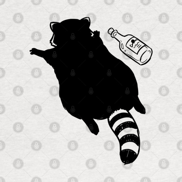 Funny passed out trashed raccoon in full sploot next to an empty bottle. Drunk raccoon passed out face down, viral meme by Luxinda
