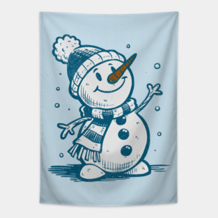 Cute Retro Snowman Winter Cartoon Cozy Seasonal Art Tapestry