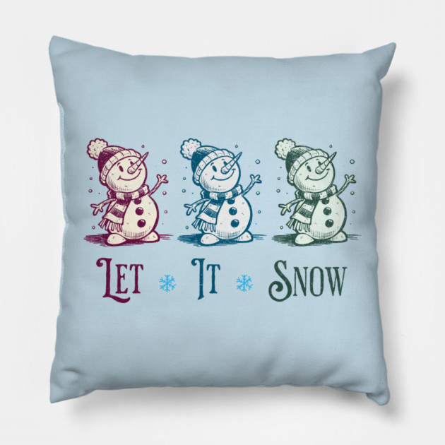 Cute Let It Snow Retro Snowman Winter Cartoon Art Pillow by Yesteeyear