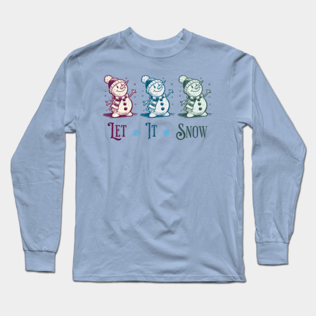 Cute Let It Snow Retro Snowman Winter Cartoon Art Long Sleeve T-Shirt by Yesteeyear