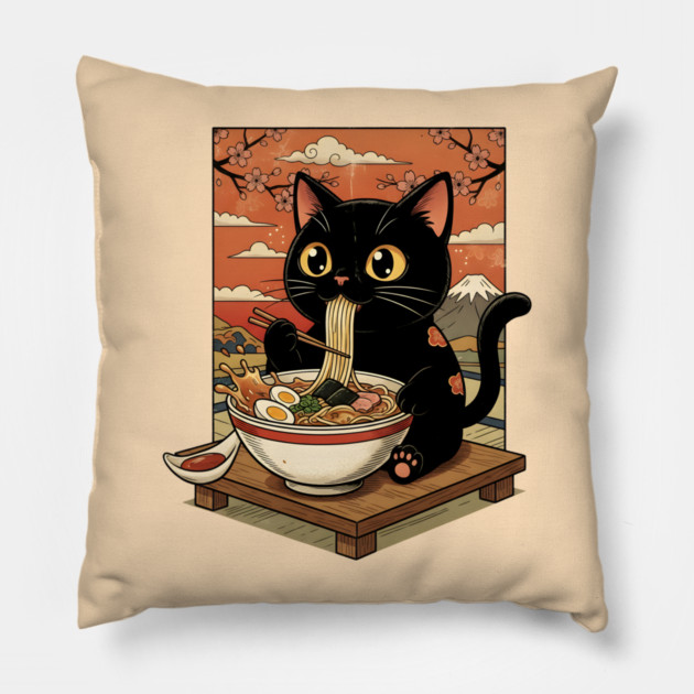 Noodle Time with Cat - Japanese Ramen Lover Pillow by Creatifly Graphic Tees