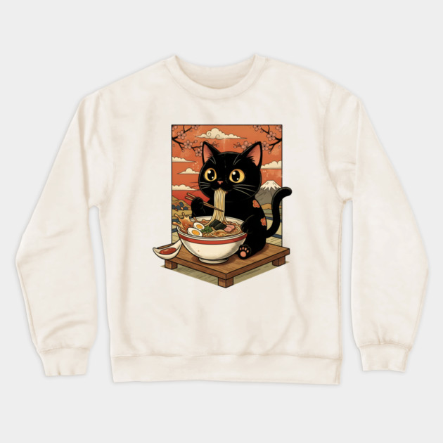 Noodle Time with Cat - Japanese Ramen Lover Crewneck Sweatshirt by Creatifly Graphic Tees
