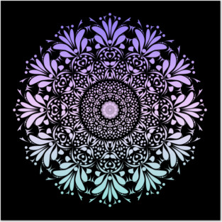 Purple and Teal Ombre Floral Leaf Mandala Flower on Black Posters and Art
