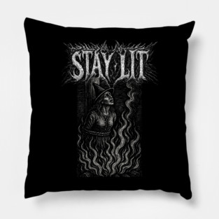 STAY LIT - witch burning at the stake, funny, vintage woodcut, meme Pillow