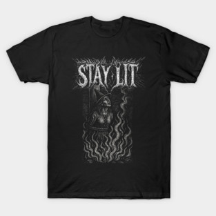 STAY LIT - witch burning at the stake, funny, vintage woodcut, meme T-Shirt