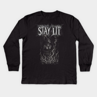 STAY LIT - witch burning at the stake, funny, vintage woodcut, meme Kids Long Sleeve T-Shirt
