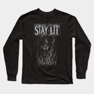 STAY LIT - witch burning at the stake, funny, vintage woodcut, meme Long Sleeve T-Shirt