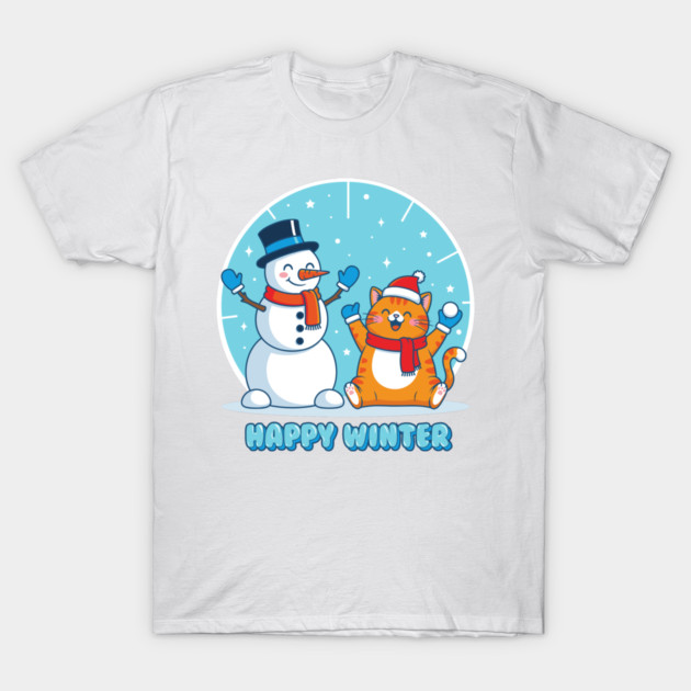 Cute Snowman & Orange Tabby Cat Duo T-Shirt by enrynz