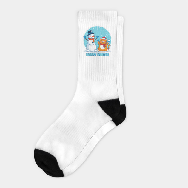 Cute Snowman & Orange Tabby Cat Duo Socks by enrynz