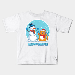 Cute Snowman & Orange Tabby Cat Duo Kids T-Shirt