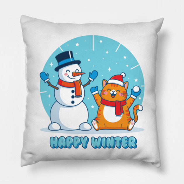 Cute Snowman & Orange Tabby Cat Duo Pillow by enrynz