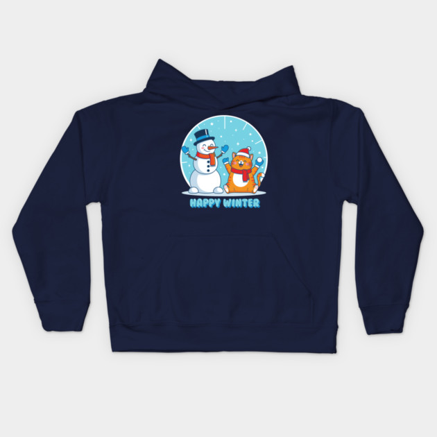 Cute Snowman & Orange Tabby Cat Duo Kids Hoodie by enrynz