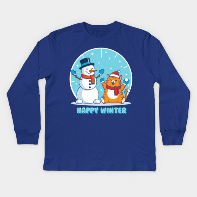 Cute Snowman & Orange Tabby Cat Duo Kids Long Sleeve T-Shirt by enrynz