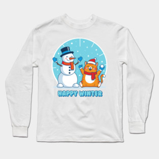 Cute Snowman & Orange Tabby Cat Duo Long Sleeve T-Shirt