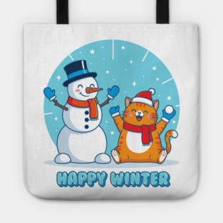 Cute Snowman & Orange Tabby Cat Duo Tote