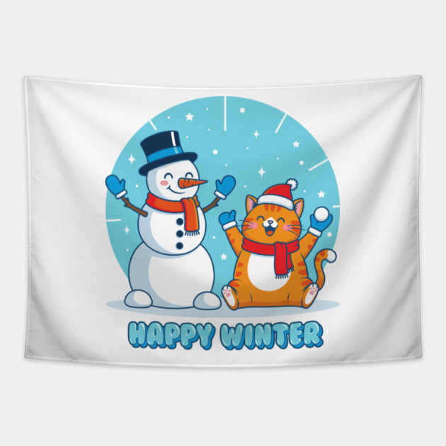 Cute Snowman & Orange Tabby Cat Duo Tapestry by enrynz