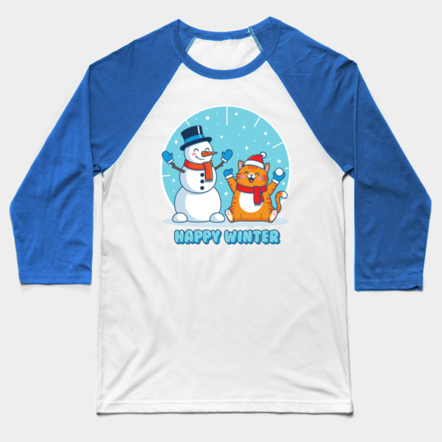 Cute Snowman & Orange Tabby Cat Duo Baseball T-Shirt by enrynz