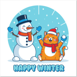 Cute Snowman & Orange Tabby Cat Duo Posters and Art