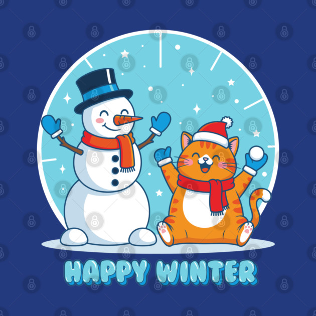Cute Snowman & Orange Tabby Cat Duo by enrynz