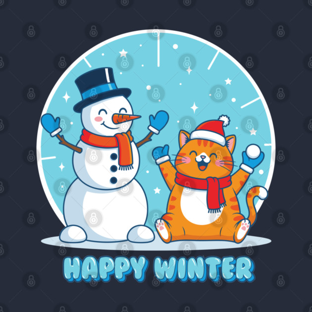 Cute Snowman & Orange Tabby Cat Duo by enrynz