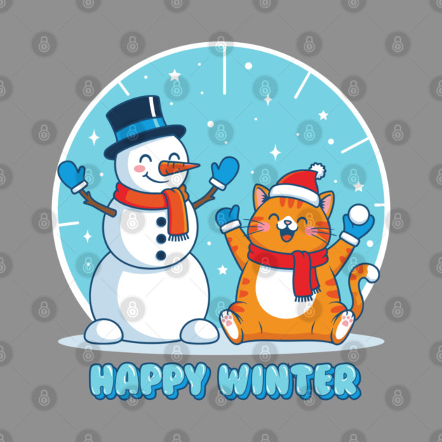 Cute Snowman & Orange Tabby Cat Duo by enrynz