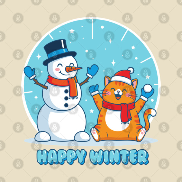 Cute Snowman & Orange Tabby Cat Duo by enrynz