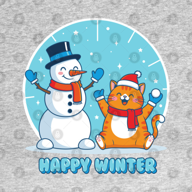 Cute Snowman & Orange Tabby Cat Duo by enrynz